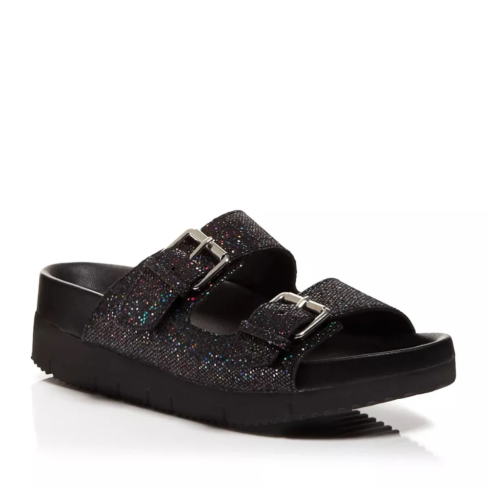 Ash Womens Black Sparkle Double-Buckle Slide Sandals